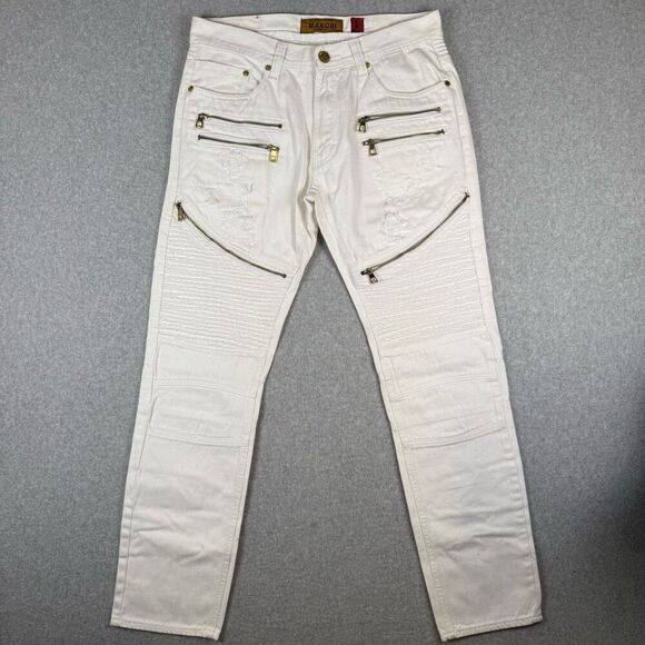 Makobi Mens Size 32x32 Zippered Skinny Leg Denim Jeans White Zipper Fly Pockets - Picture 1 of 11